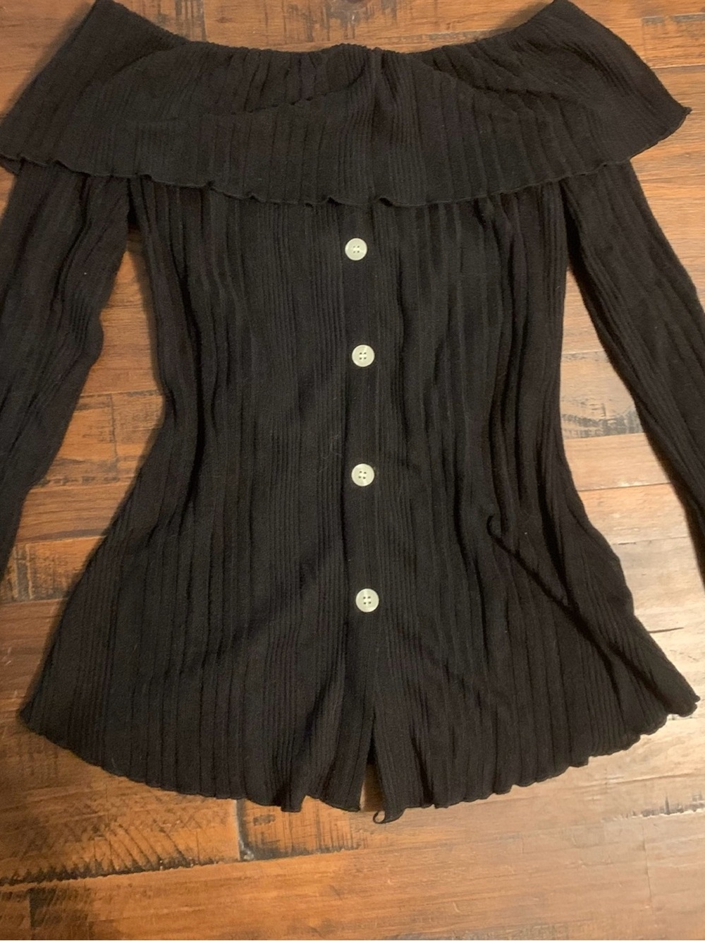 Off-Shoulder Black Ribbed Button-Front Women's Sweater